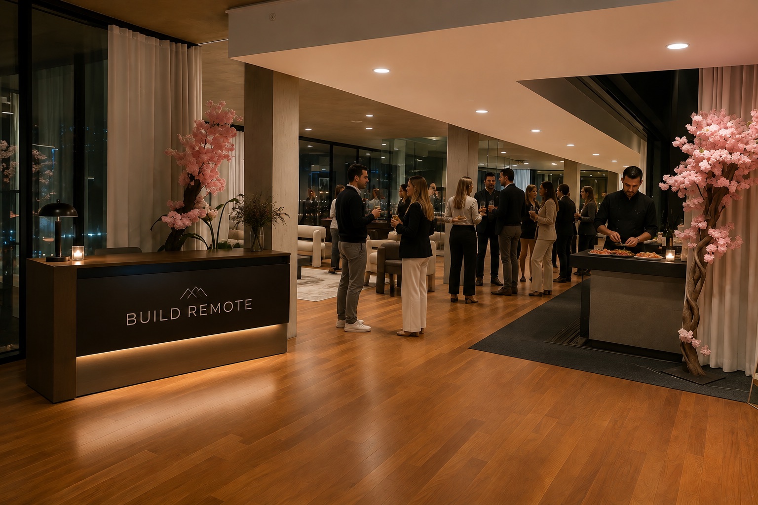 Guests with drinks and hors d'oeuvres in the entertaining area during the happy hour
