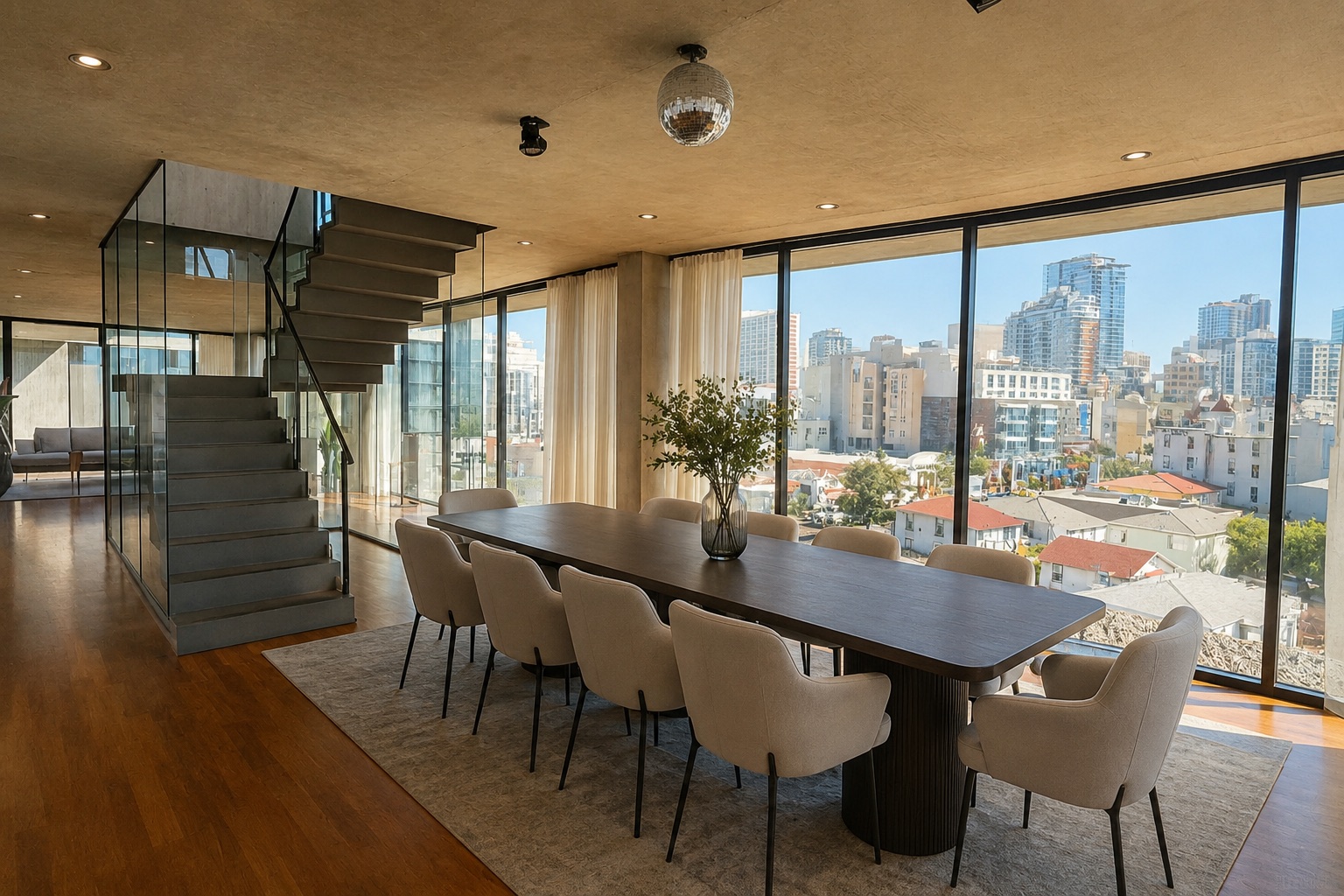 Business owners working around the mastermind table at Build Remote HQ, the San Diego skyline behind them